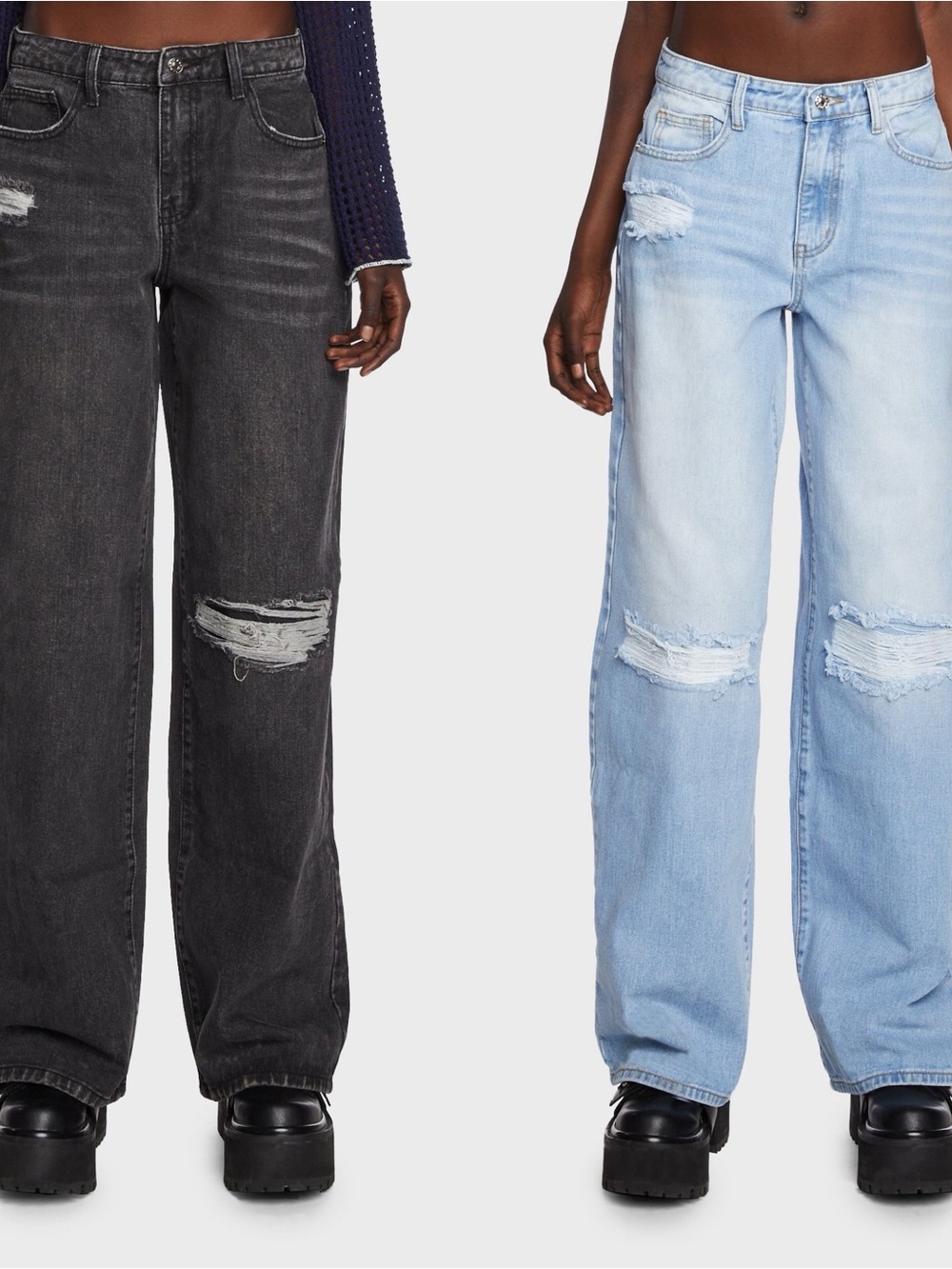 Momokroom : 2 pairs Wide Leg Distressed Women’s Jeans - Black and Light Blue